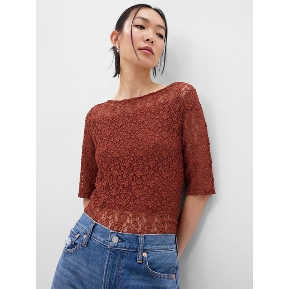 GAP Brown Scoop-Back Floral Sheer Lace Top Copper Beech Festival Spring M